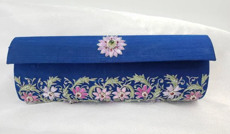 Embroidered Blue and Lavender Silk Floral Rectangle Clutch with Emerald and Rubies