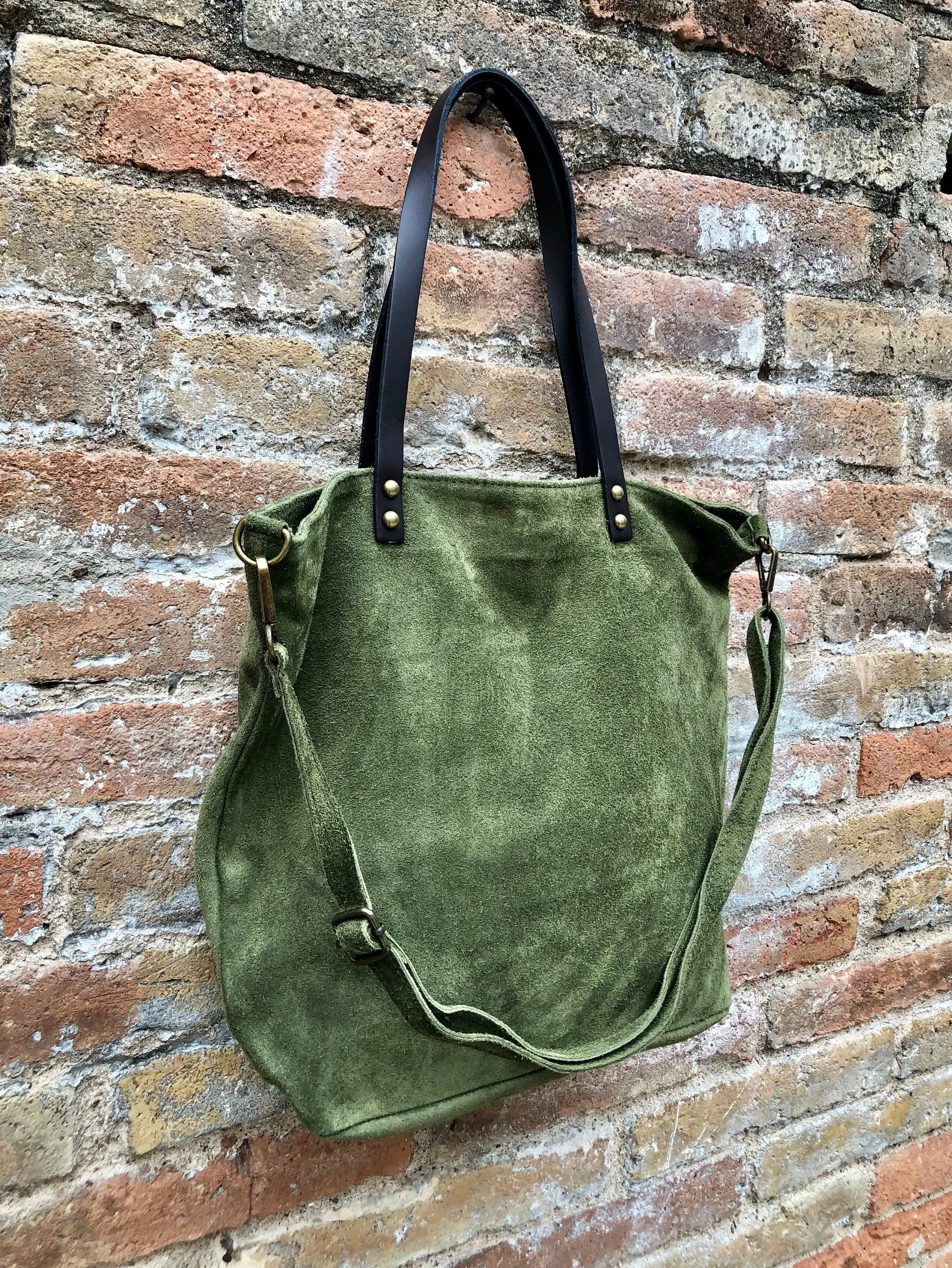 Large TOTE leather bag in moss green. Soft natural suede genuine leather bag. Lined GREEN suede purse. Shoulder   crossbody longer strap.